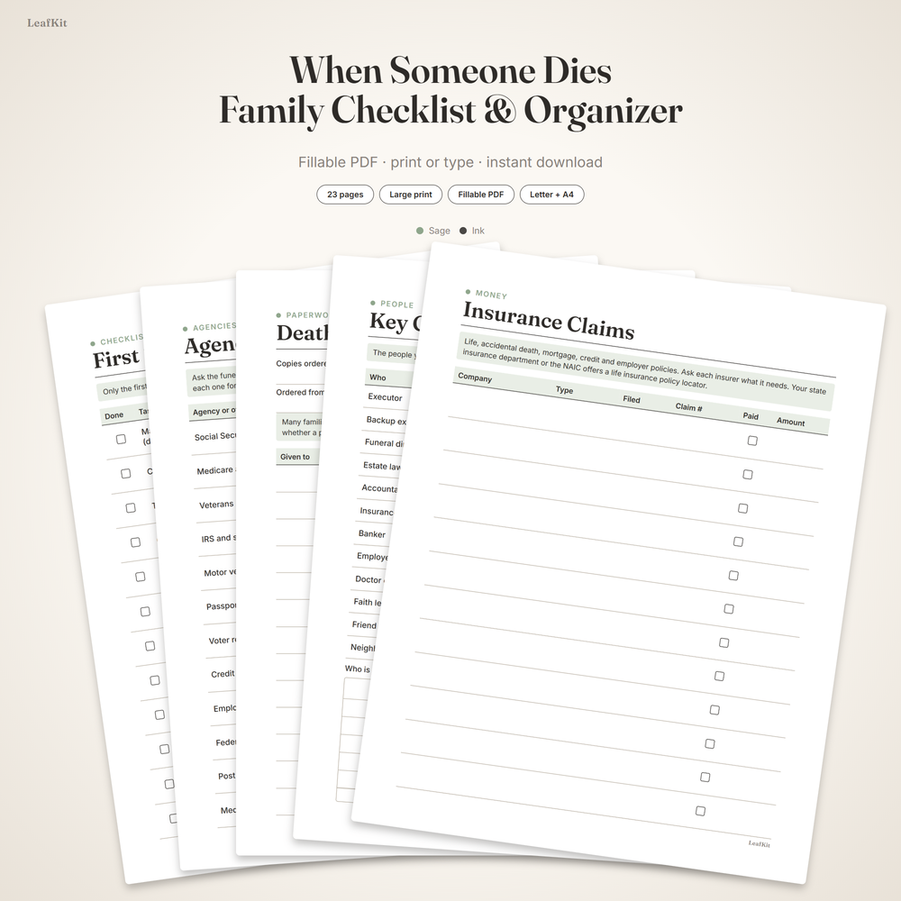 When Someone Dies: Family Checklist & Organizer cover, a large print fillable organizer