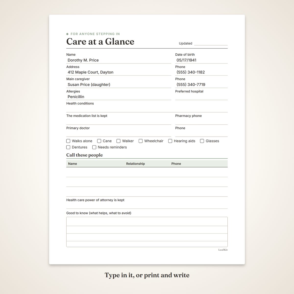 Caregiver Binder for an Aging Parent photo 4, fillable demo