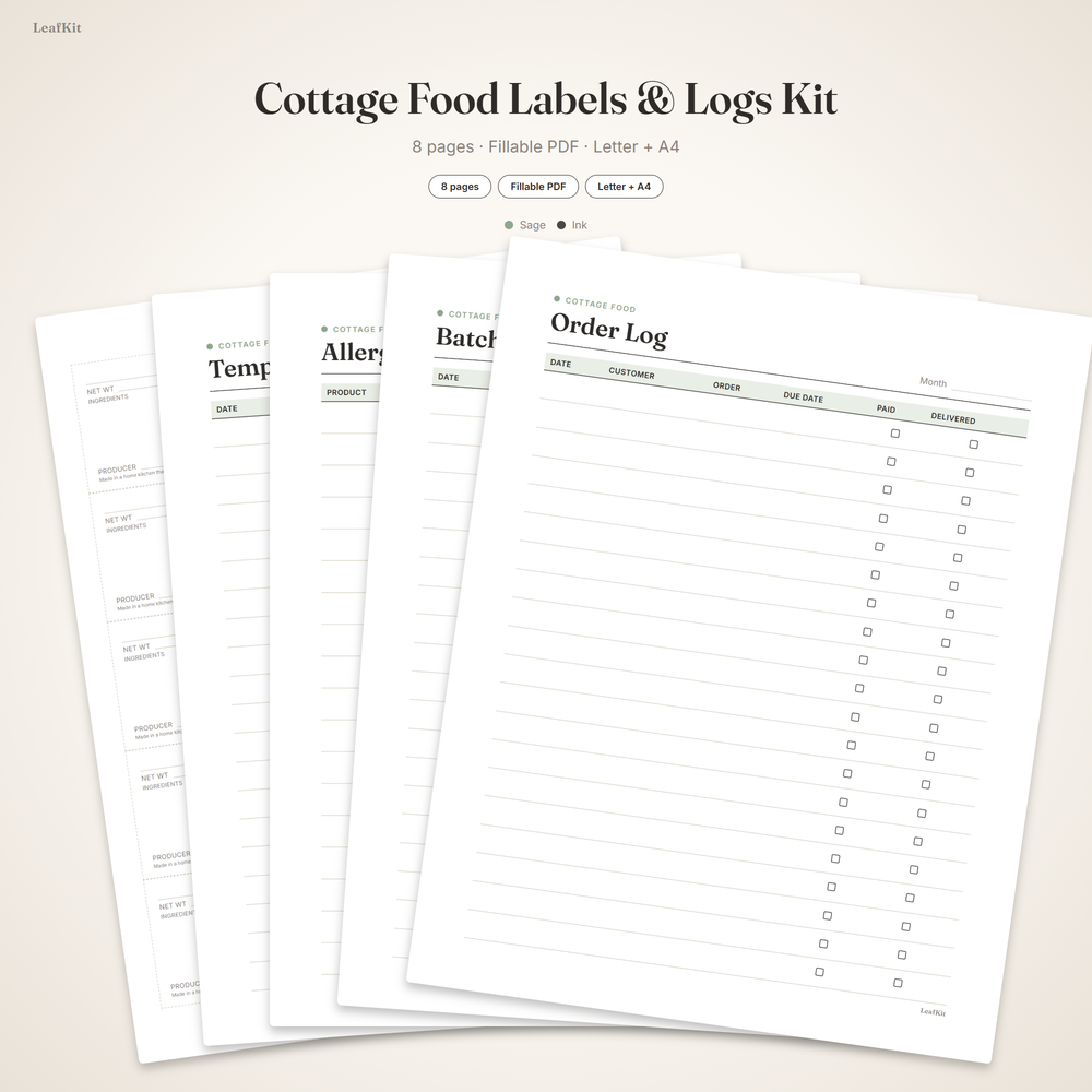 Cottage Food Labels Kit cover, fillable food labels and logs