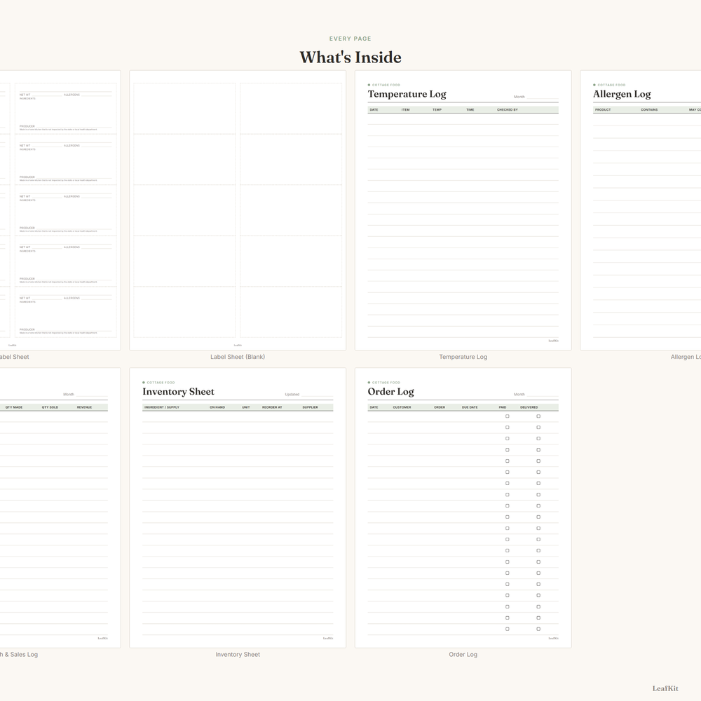 Pages included in the Cottage Food Labels Kit