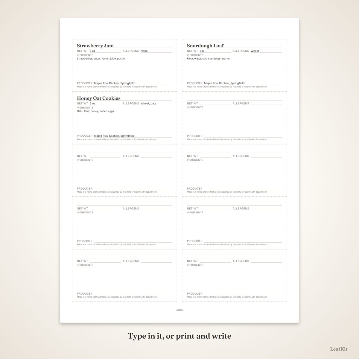 Cottage Food Labels Kit photo 4, fillable demo