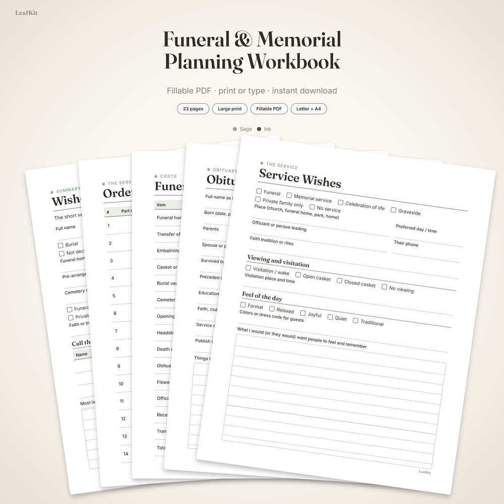 Funeral & Memorial Planning Workbook cover, a large print fillable planner