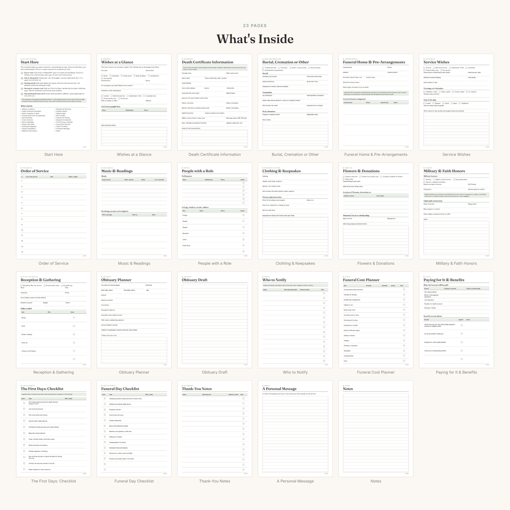 Pages included in the Funeral & Memorial Planning Workbook