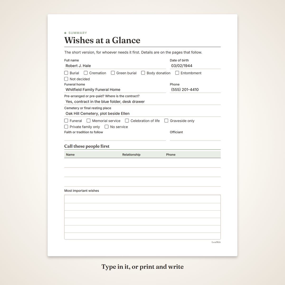 Funeral & Memorial Planning Workbook photo 4, fillable demo