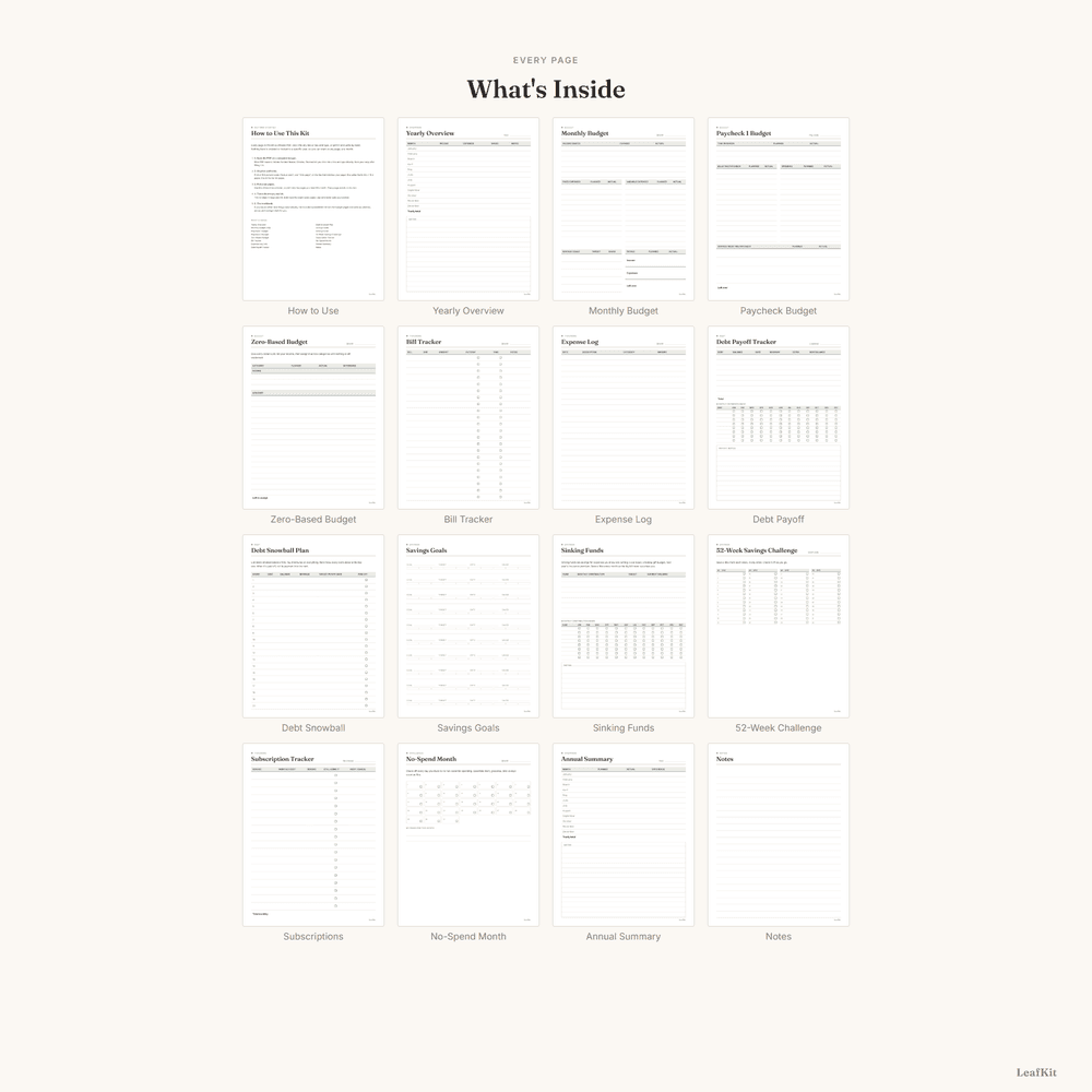 Pages included in the Home Budget Kit