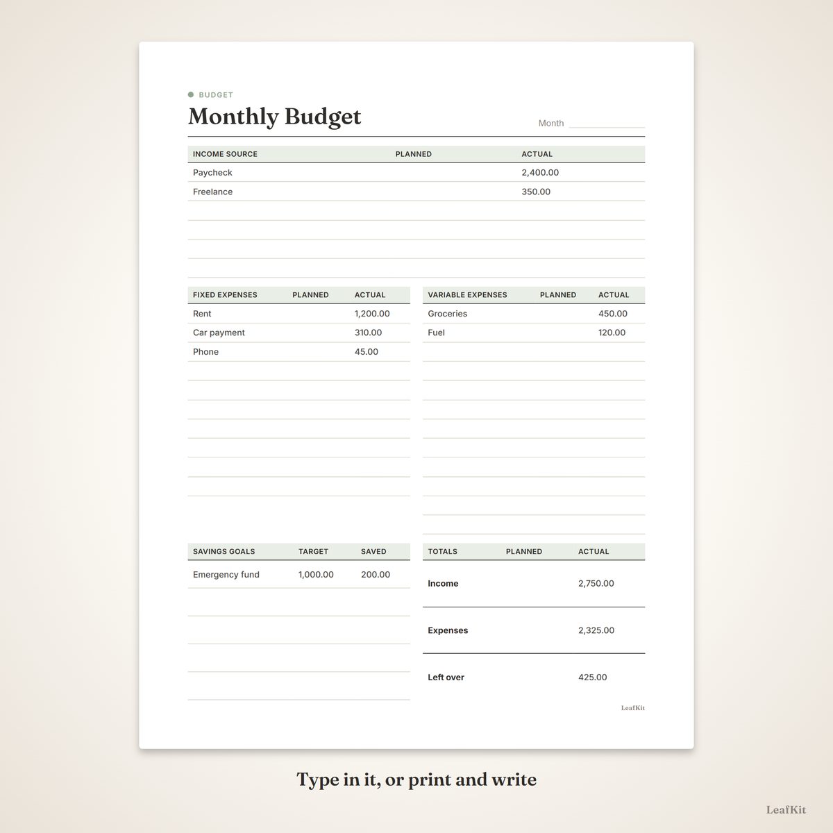 Home Budget Kit photo 4, fillable demo
