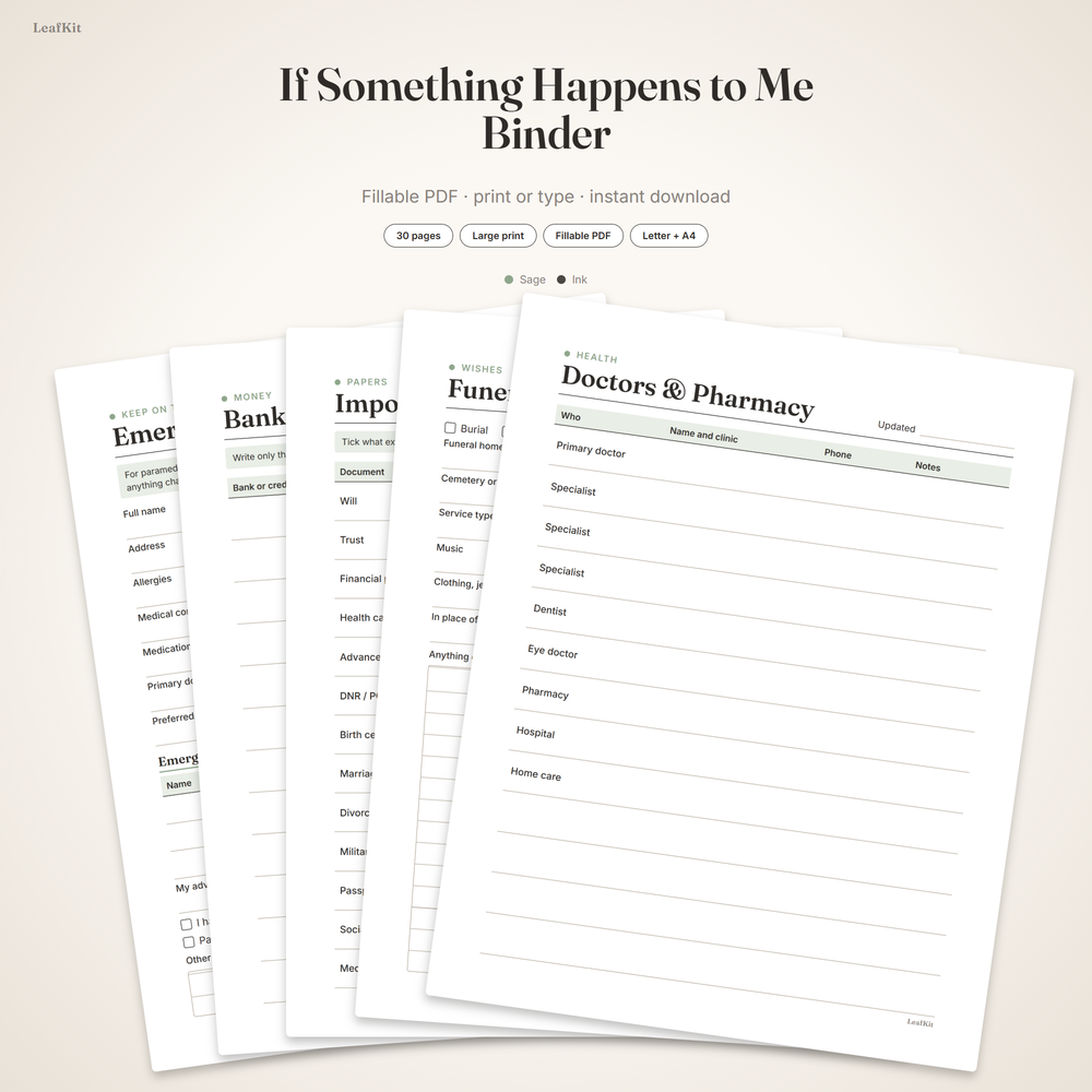 If Something Happens to Me Binder cover, a large print fillable family binder