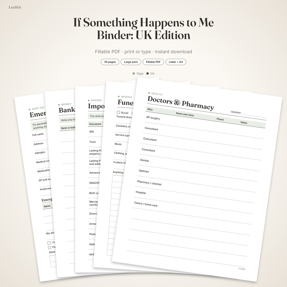 If Something Happens to Me Binder: UK Edition cover, a large print fillable family organiser