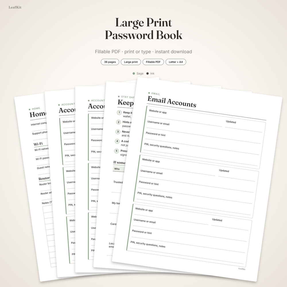 Large Print Password Book cover, a fillable A to Z password log