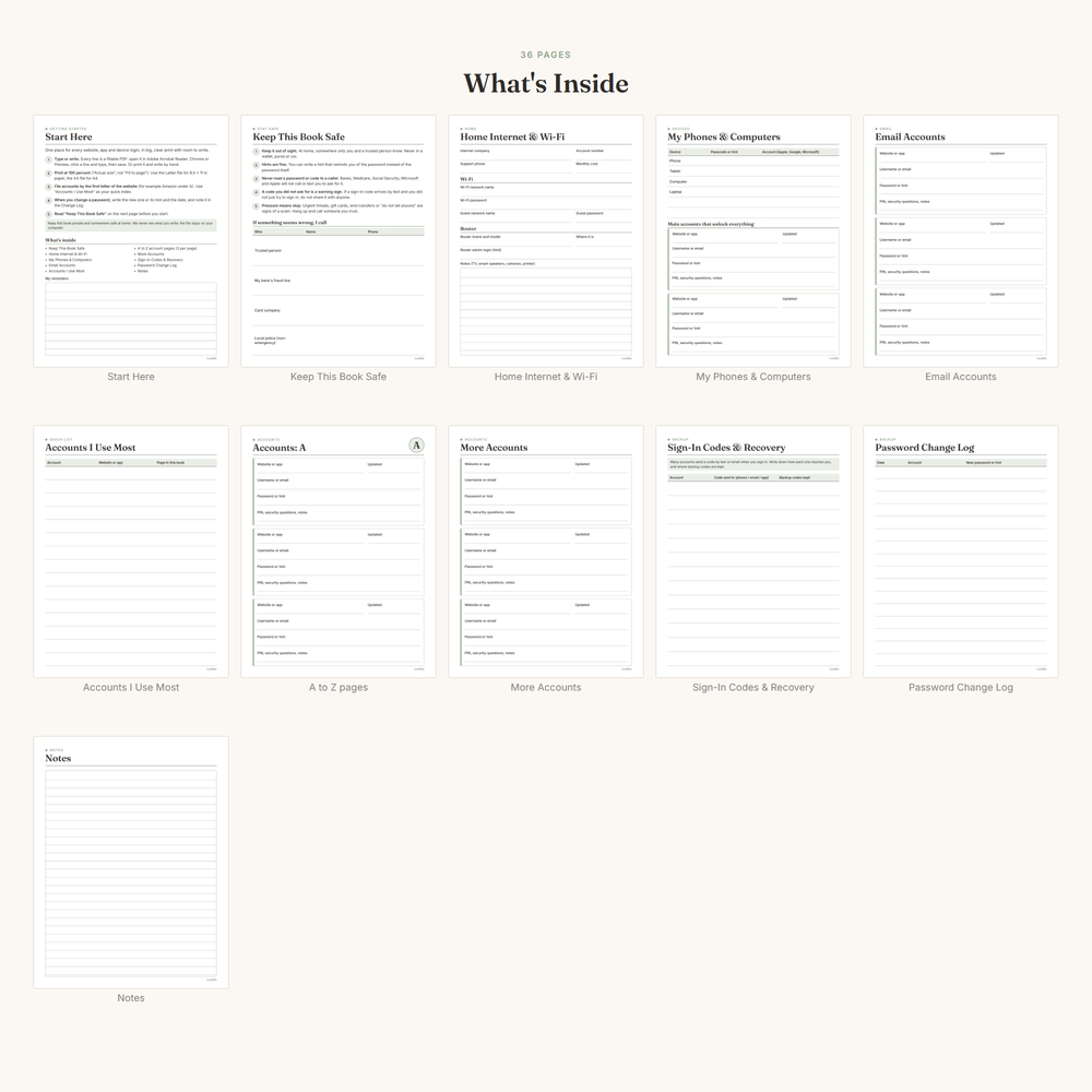 Pages included in the Large Print Password Book