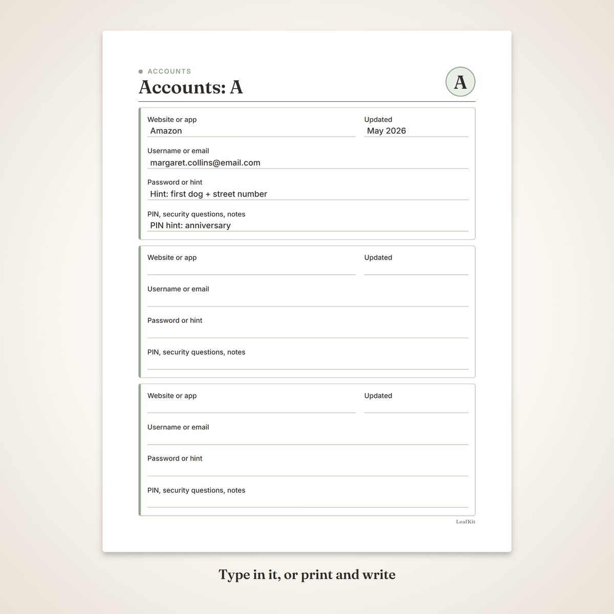 Large Print Password Book photo 4, fillable demo