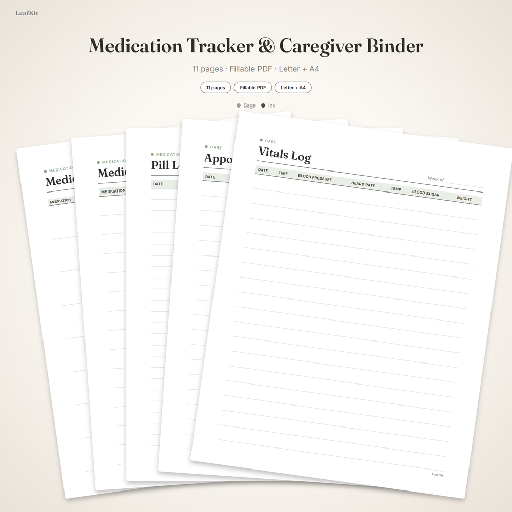 Medication Tracker Kit cover, a fillable caregiver binder
