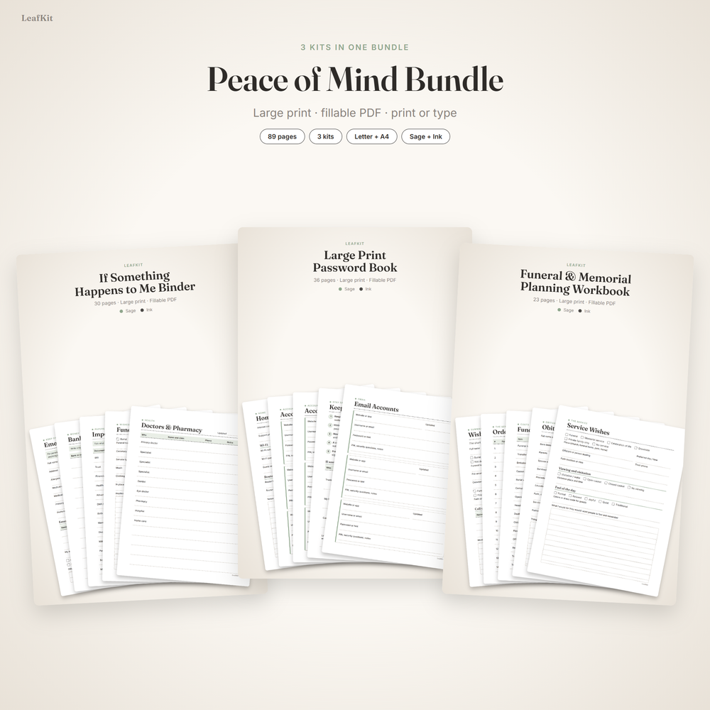 Peace of Mind Bundle cover, three large print fillable kits