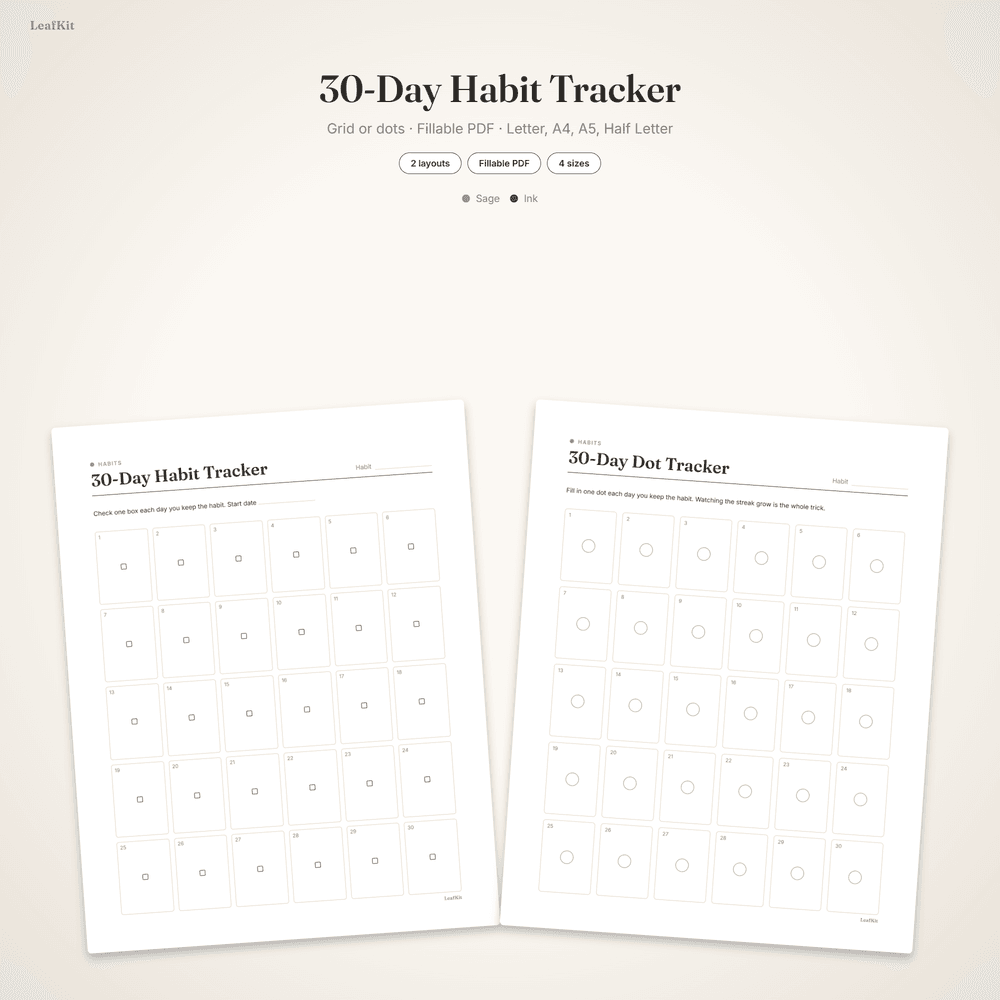 30-Day Habit Tracker cover, grid and dot layout
