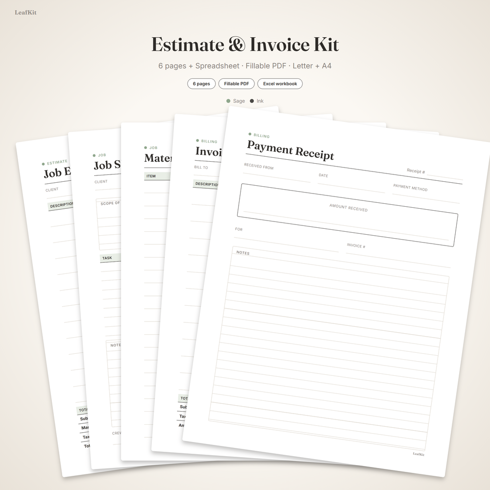 Estimate & Invoice Kit cover, a fillable job estimate and invoice kit