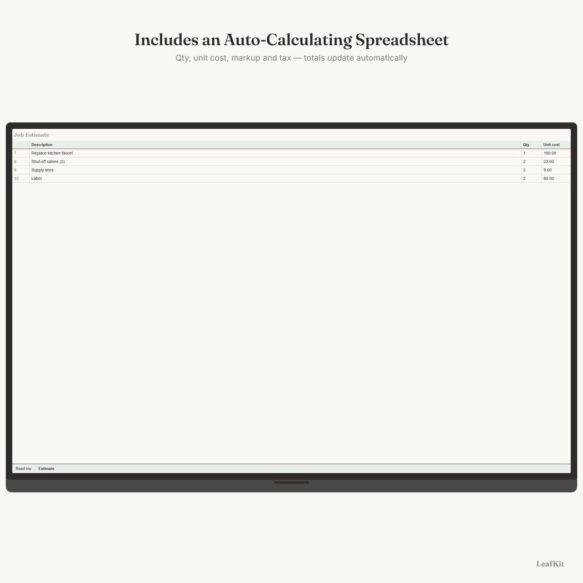 Estimate & Invoice Kit photo 7, spreadsheet